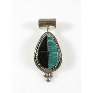 Sterling Silver Onyx Malachite Slide Pendant Southwestern Mexico 8.2mm ID Bale